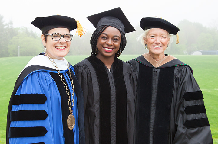 President Bergeron with trustee Pam Zilly and Commencement speaker Jazmine Hughes '12.