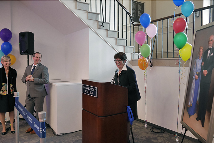 President Katherine Bergeron speaks at the Founders Day dedication of the Otto and Fran Walter Commons for Global Study and Engagement. 